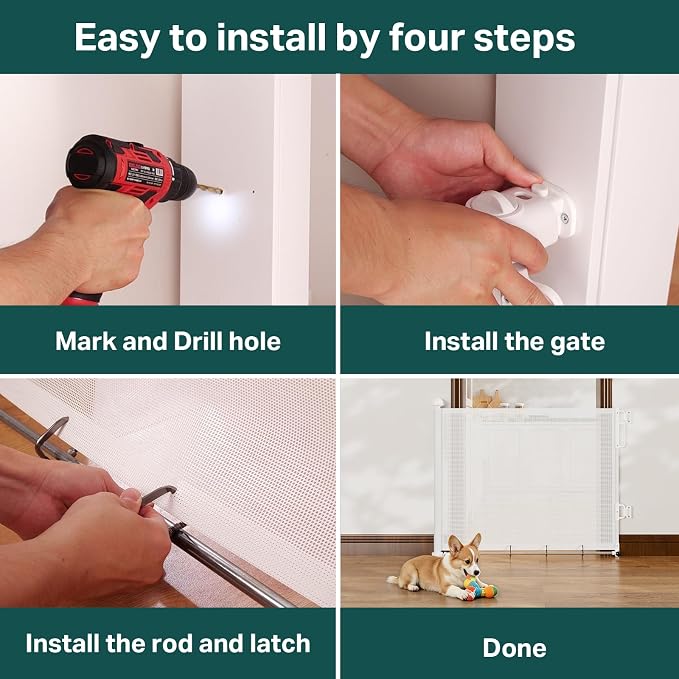 Cumbor 37-55" Retractable Baby Gates for Stairs & Doorways, Indoor Outdoor | Hardware Mounted Mesh Dog & Pet Gate, Easy Walk Through, One-Hand Operation, Anti-Crawl Adjustable Safety Gate for Dog, White