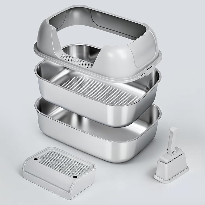 Stainless Steel Sifting Litter Box with Lid | 3-Second Cleanup, No Scooping Needed ,Premium Stainless Steel, Odor & Non-Stick,High-Density Sifting, Saves 30% Litter