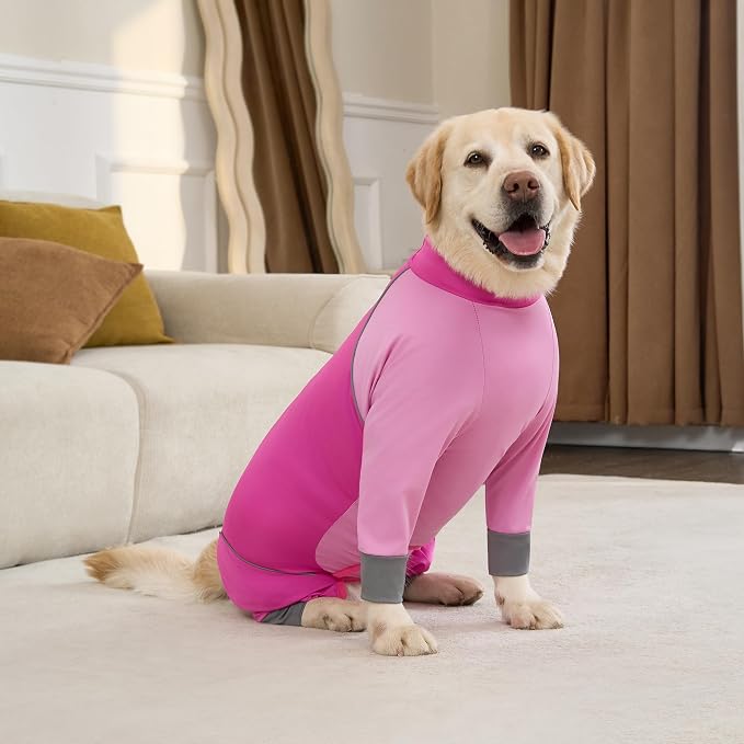 Dog Onesie Coat - Water-Repellent & Stretchable, Dirt-Resistant Outdoor Puppy Suit with Reflective Strips | Controls Shedding | for Small, Medium, Large Dogs (Fuchsia Pink, 6XL(Weight 85-100 lbs))