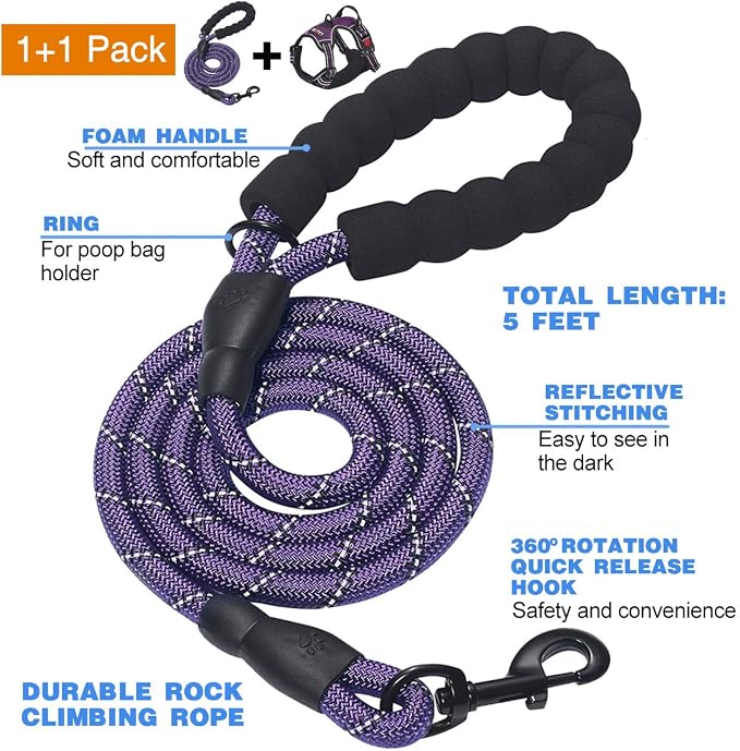 tobeDRI No Pull Dog Harness Adjustable Reflective Oxford Easy Control Medium Large Dog Harness with A Free Heavy Duty 5ft Dog Leash, Purple, M