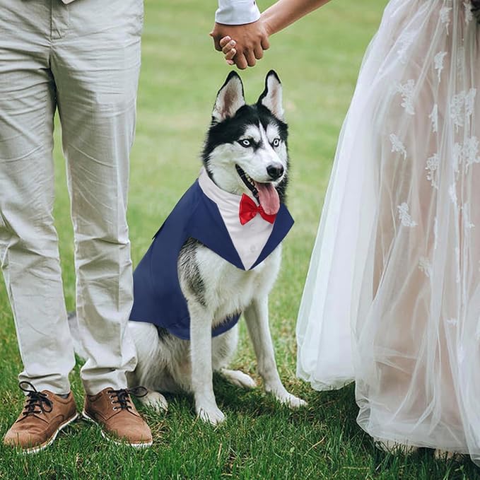 Kuoser Dog Tuxedo, Dog Suit and Bandana Set, Dogs Costume with D-Ring | Formal Dog Outfit with Detachable Bowtie Collar for Wedding, Birthday, Party, Christmas, Halloween, Blue XL