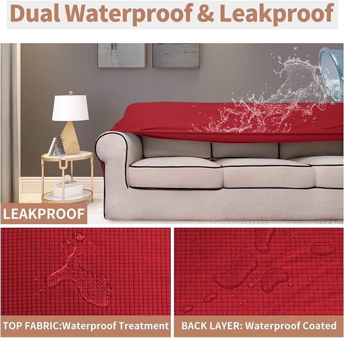 Easy-Going 100% Waterproof Couch Cover, 3 Cushion Couch Slipcover for Sofa | Leakproof Sofa Cover, Stretch Jacquard Furniture Protector Against Stain Spill from Kids, Pets, Dog (Sofa, Christmas Red)