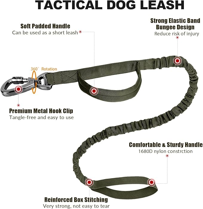 Tactical Dog Collar and Bungee Leash, Camo Military Dog Collar & Leash Set with USA American Flag Adjustable K9 Collar with Heavy Duty Metal Buckle & Handle,with Patches and Airtags Case (XL, Green)