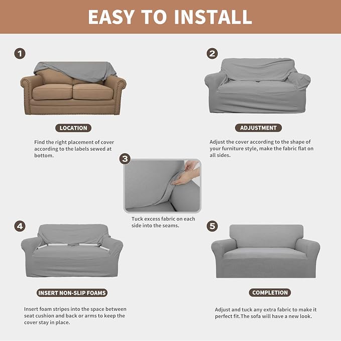 Easy-Going 100% Waterproof Couch Cover, 3 Cushion Oversized Sofa Cover | Leakproof Sofa Slipcover, Stretch Jacquard Furniture Protector Against Stain Spill from Kids, Pets, Dog, Light Gray