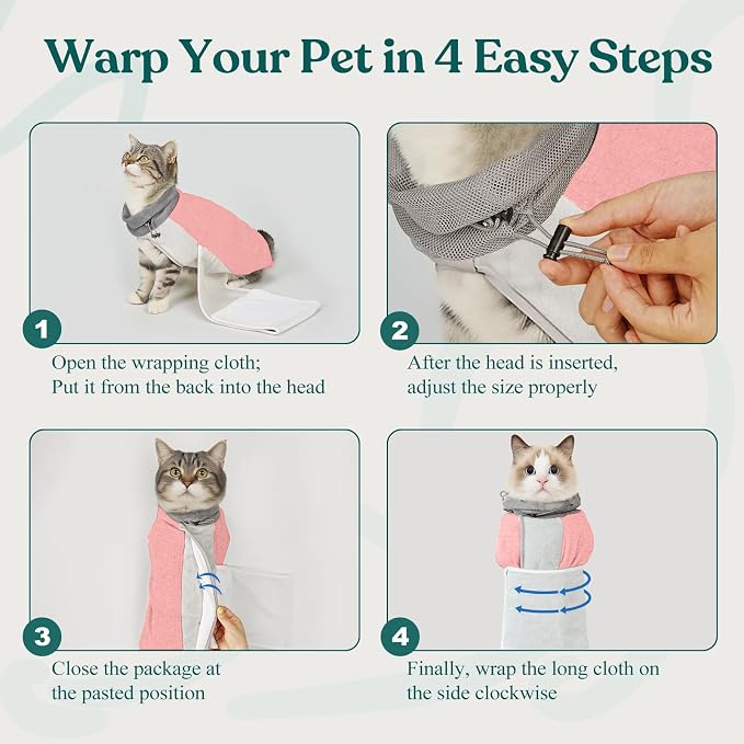 Supet Cat Grooming Wrap for Cutting Nails, Self-Adhesive Calm Cat Swaddle | Bite-Proof Mesh Hood & Thick Waist Strap Anti-Escape Anti-Scratch Bag for Nail Trimming, Medication, Ear Cleaning (Pink L)