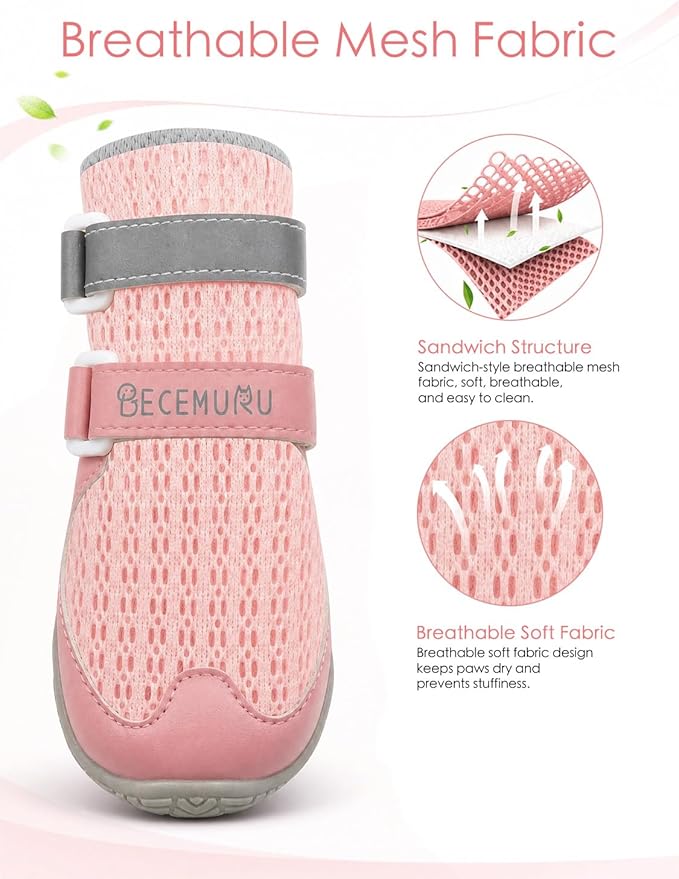 BECEMURU Dog Shoes for Summer, Double-Straps Anti-Slip Dog Boots & Paw Protectors for Hot Pavement, Breathable & Light Weight Outdoor Walking Hiking Pink Size 8