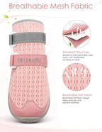 BECEMURU Dog Shoes for Summer, Double-Straps Anti-Slip Dog Boots & Paw Protectors for Hot Pavement, Breathable & Light Weight Outdoor Walking Hiking Pink Size 4