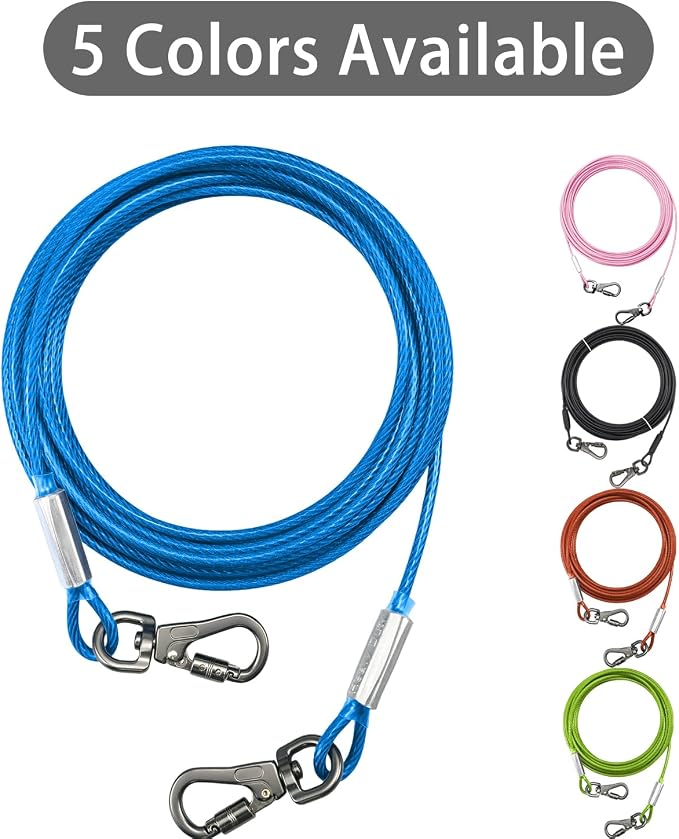 Dog Tie Out Cable - Chew Proof Steel Wire Lead - 360° Tangle Free Outdoor Leash for Pups - Dog Runner Cable for Small to Medium Dogs (Blue, 45lbs/50ft)