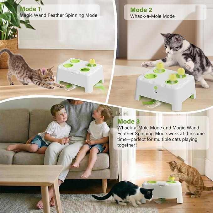 Magic House Cat Toy, Rechargeable Whack-a-Mole Feather Toy | 3 Play Modes, 4 Holes Design, 4 Replacement Accessories, Ideal for Indoor Cats Entertainment