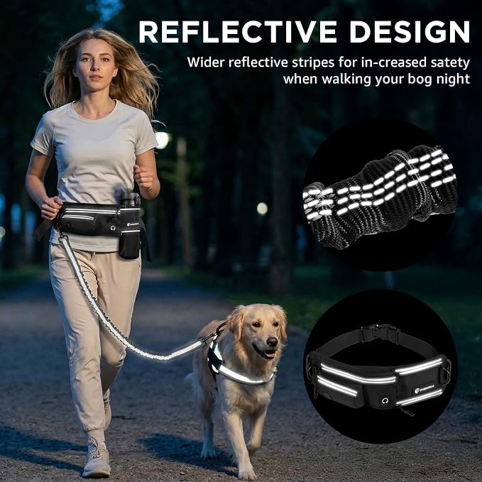 Hands Free Dog Leash with Waist Pack Bungee for Running Black | 4 Metal Clips, Reflective Stitching, Shock Absorbing Bungee, Adjustable Waist Belt, 28 to 48 Inch Fit, Zippered Pockets