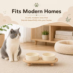 Havniva Raised Cat Bowl 5.1” Elevated Ceramic Cat Food and Water Bowl Set | Cat Bowls Elevated, Whisker Friendly Cat Bowl, Non-Slip Wood Stand, Food-Grade Ceramic, Wide Opening, Dishwasher Safe