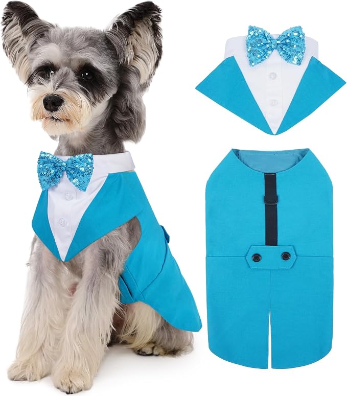 Kuoser Dog Tuxedo, Dog Suit and Bandana Set, Dogs Costume with D-Ring | Formal Dog Outfit with Detachable Bowtie Collar for Wedding, Birthday, Party, Christmas, Halloween, Lake Blue M