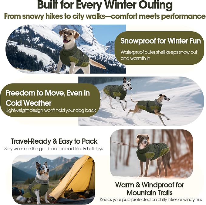 QBLEEV Warm Dog Jacket - Reflective, Adjustable Winter Coat with Turtleneck for Cold Weather, Waterproof Fleece Snowsuit for Small, Medium, Large Dogs
