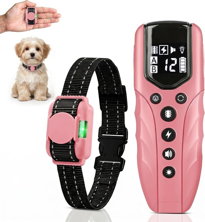 Tiniest Small Dog Shock Collar, Lightest Dog Training Collar with 2000ft Remote, Tailored for Small Dogs 5-15lbs & Medium Large Dogs, Beep, Vibrate, Shock, Lighting, Waterproof, Rechargeable，Pink