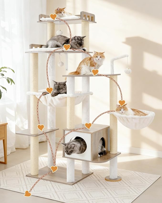 Heybly Cat Tree, 70.5" Wood Tall Cat Tower for Large Indoor Cats HCT121SG | Modern Cat Furniture with Extra Stable Structure, All-Sisal Scratching Posts, Cat Condo & Hammocks, Smoky Gray