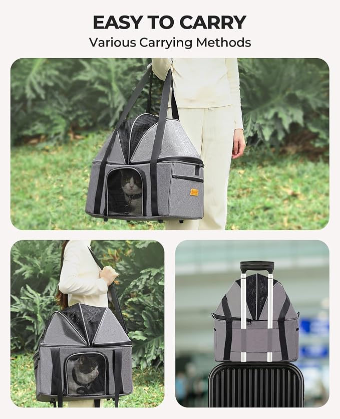 BurgeonNest Top-Expandable Cat Carrier with Semi-Open Canopy, Up to 15 lbs | Soft Sided Cat Bag Carrier for Medium Large Pet, Upgraded Small Dog Car Seat, Puppy Travel Bag for Trip Features Safety Leash