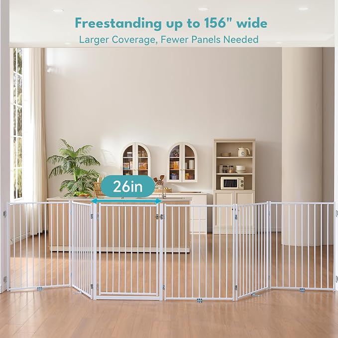 No Pawblems Full Metal Free Standing Dog Gate with Door, 36'' Tall | Foldable Dog Fence for Indoor & Outdoor, Up to 156 Inch Extra Wide Pet Gate for Stairs, Doorways, Deck, Yard, 6 Panels, White