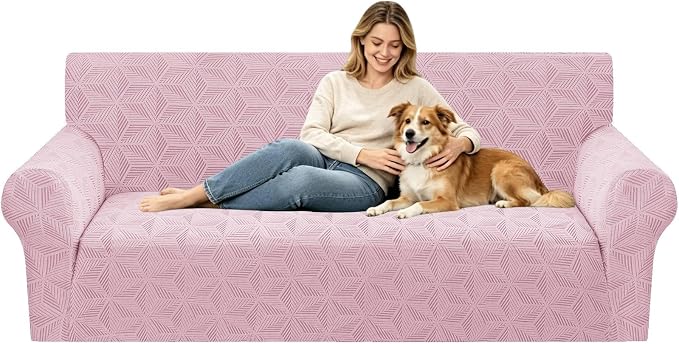 ZNSAYOTX Stretch Couch Cover, 1 Piece Sofa Covers for 3 Cushion Couch, Jacquard Sofa Slipcovers with Elastic Bottom Thickened Furniture Protector for Dog Cat Pet (Large, Dusty Pink)