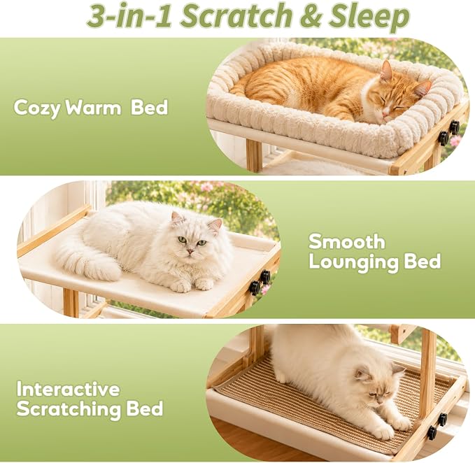 Teabelle Double Layer Cat Window Perch with 3 Interchangeable Mats | Bedside Sleeper, Adjustable Solid Wood Tree Cat Hammock for Small & Medium Breeds, Sturdy Window Bed(Plush, Sisal, Canvas)