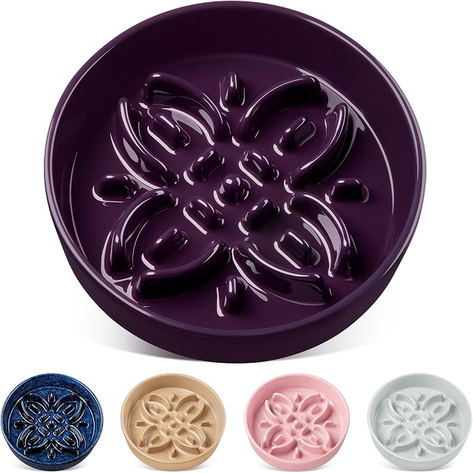 vancasso Ceramic Slow Feeder Dog Bowls, Puzzle Dog Food Bowls with Floral Maze, Anti -Slip Pet Food Dish for Medium Breed, 1.5 Cups, Purple