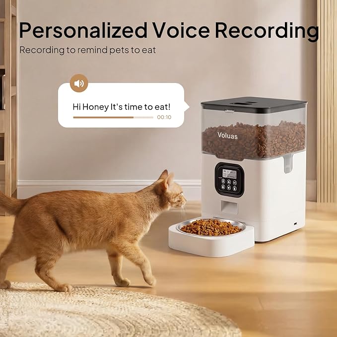 VOLUAS Automatic Cat Feeder, 4L Timed Dry Food Dispenser for Cats & Dogs | Programmable Portion Control, Up to 4 Meals Daily, Dual Power Supply, Power-Off Memory, 10-Second Voice Recorder