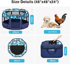 Pop Up Pet Playpen and Whelping Box, 48 x 48 x 24 in, Navy Blue | 48 x 48 x 24 in for pets up to 50 lb; waterproof 600D Oxford base, locking zippers, shade top, carry bag, and 16 oz bowl.