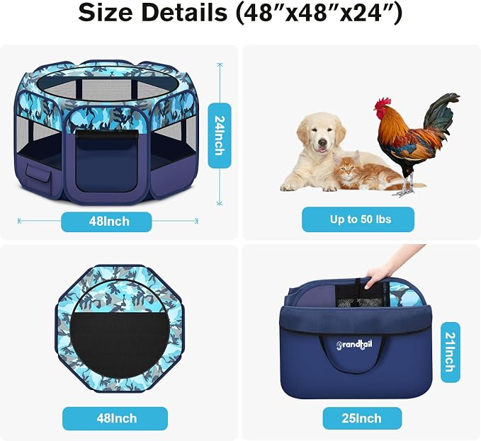 Pop Up Pet Playpen and Whelping Box, 48 x 48 x 24 in, Navy Blue | 48 x 48 x 24 in for pets up to 50 lb; waterproof 600D Oxford base, locking zippers, shade top, carry bag, and 16 oz bowl.