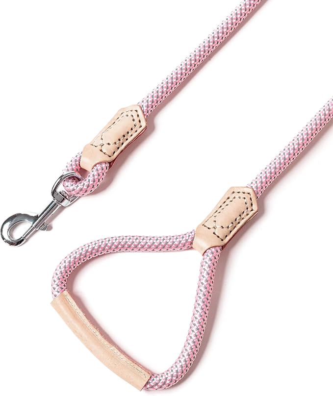 Mile High Life Dog Leash with Genuine Leather Handle, 4/5/6FT, Reflective | Rope Leash, Heavy Duty 360° Swivel Metal Clasp, for Small Medium & Large Dogs Walking (Pink, 48 Inch-1/2)