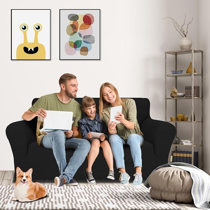 MAXIJIN Loveseat Cover Sofa Covers (55"-69"), 1-Piece Stretch Couch Covers for 2 Cushion Couch Love Seat Slipcover with Elastic Bottom for Kids,Dog (Loveseat, Diamond Pattern Black)