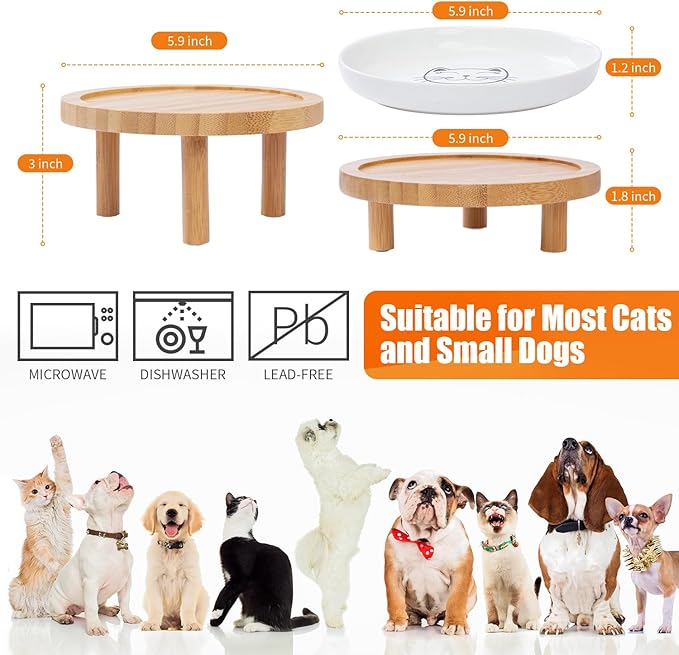 Lusifaco Shallow Wide Elevated Cat Bowls Whisker Fatigue(Green,Set of 2) | 5.9 Inch 2 Height Raised Ceramic Cat Dishes with Bamboo Stand, Flat Pet Water Food Plates Feeding Station for Indoor Kitten
