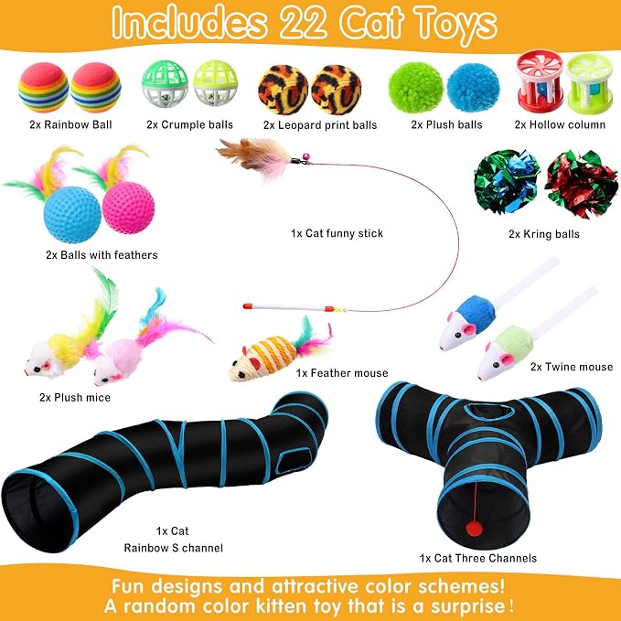 Poen 22pcs Cat Kitten Toys Set with 2 Collapsible Cat Tunnel and 20 Interactive Kitty Feather Toy, Fluffy Mouse, Crinkle Balls, for Kitten Puppy(Blue, Black)
