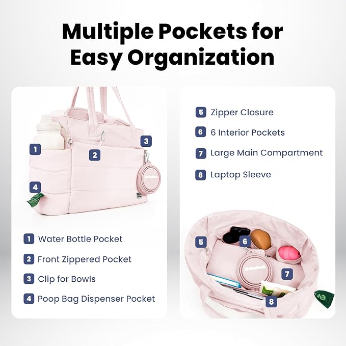 Rubyloo Puffer Dog Travel Bag for Dog Moms, Diaper Bag with Travel Bowls | 2 BPA-Free Collapsible Bowls, 2 Pet Food Containers, 9 Pockets, Everyday Puffer Bag Works With or Without Your Dog, Soft Pink