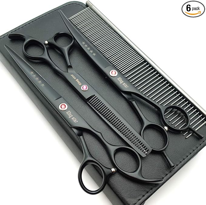Kingstar 7.0in. Matt Black Professional Pet Grooming Scissors Set,Straight & Thinning & Curved Scissors Set with Comb case A389