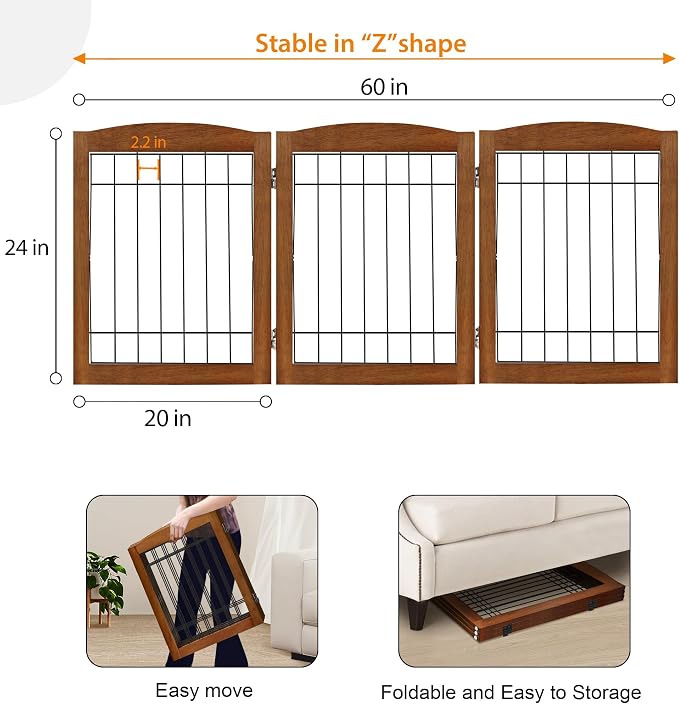 LZRS 3-Panel Freestanding Foldable Wooden Dog Gate –Solid Wood & Steel Wire Chew-Resistant Indoor Safety Pet Fence for Doorways & Stairs, Ideal for Small to Medium Dogs & Puppies, Cherry