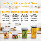 Pop Push Button Airtight Food Storage Containers 6 Set | 4 Sizes: 0.65/0.7/1.8/2.4Qt, BPA-Free Clear Canisters for Pantry, Pasta, Snacks, Coffee, Pet Food, Fridge