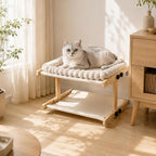 Teabelle Double Layer Cat Window Perch with 3 Interchangeable Mats | Bedside Sleeper, Adjustable Solid Wood Tree Cat Hammock for Small & Medium Breeds, Sturdy Window Bed(Plush, Sisal, Canvas)