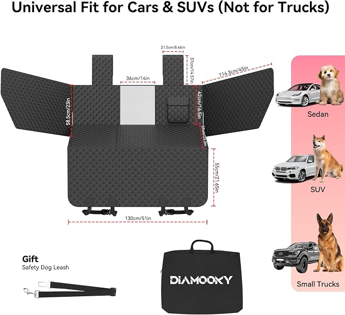 DIAMOOKY Hard Bottom Dog Car Seat Cover for Cars SUVs & Small Trucks | One-Piece Hard Bottom, 420-LB Capacity, Waterproof, Door & Headrest Protector, Pet Bed Dog Hammock, Not for 3-Row Seats