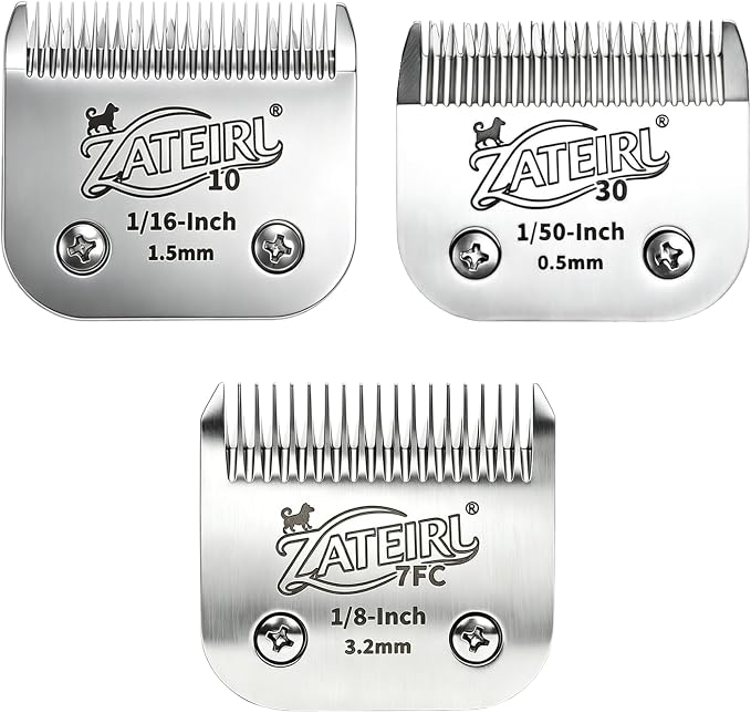 3 Pack Pet Grooming Clipper Blades with Ceramic Cutters, Sizes 10, 30 & 7FC, Silver, Compatible with Andis, Oster A5, Wahl KM10 A5 Style Dog Clippers