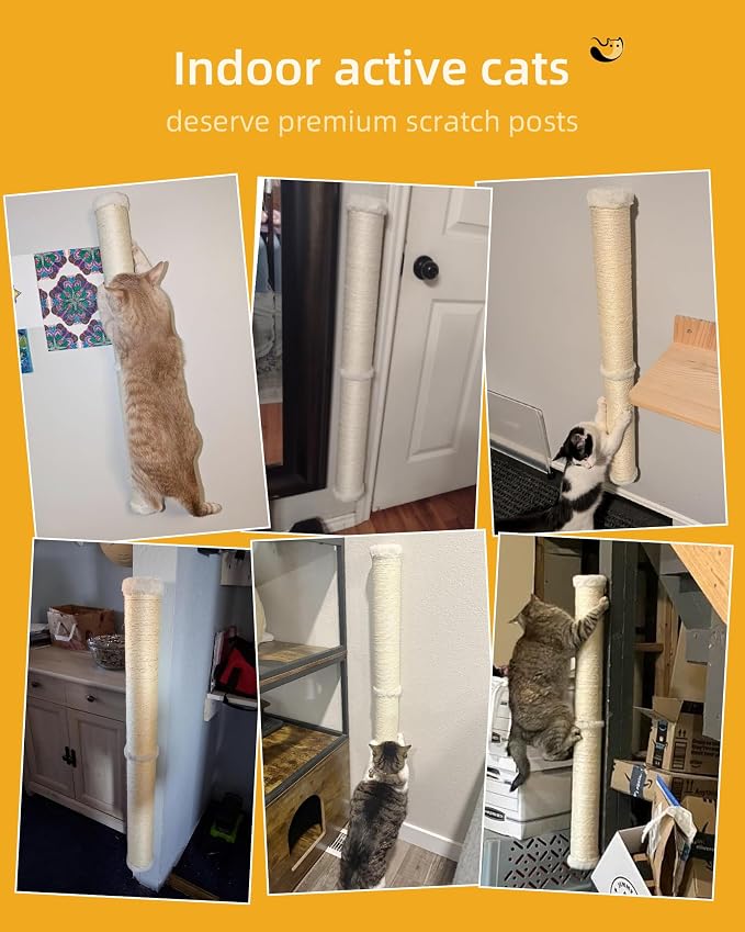 Aechonow 34" Cat Scratching Post, Sisal Wall Mounted Cat Scratcher for Cats | Cat Wall Climber, Cat Wall Scratcher, Cat Wall Furniture for Indoor Cats, Natural Sisal, Tall & Sturdy, Rabbit Velvet
