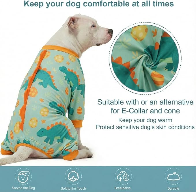 LovinPet Large Dog Pajamas, Four-Leg Stretch Onesie Bodysuit, Lightweight UV-Shielding Pajamas, Anti-Lick Calming Recovery Suit for Surgery, Pull-On for Medium and Large Breeds,Green Orange,XL