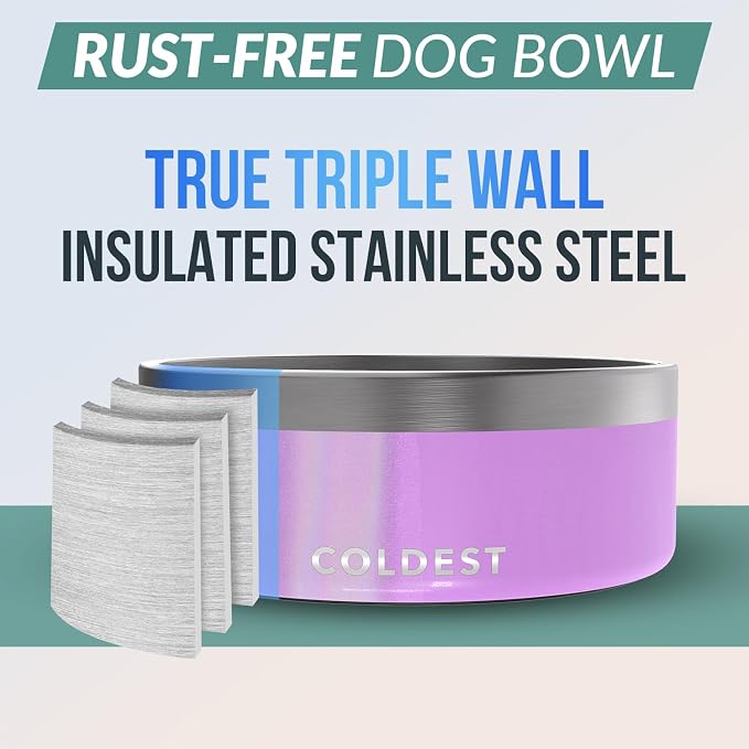 Coldest Dog Bowl - Anti Rust Metal, Non Slip, 3 Layers Insulated Stainless Steel Dog Bowls - Spill Proof & Heavy Duty - Water Bowl for Dogs, Cats, Dish Washer Safe (64 oz, Saturns Purple Glitter)
