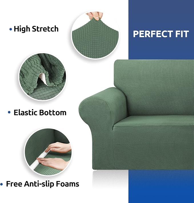 Loveseat Couch Cover, 2 Cushion Couch Slipcover,Greyish Green | 1-Piece Stretch Sofa Cover Pet Friendly (55"-78") Furniture Protector Soft Jacquard, Elastic Bottom for Dogs & Kids
