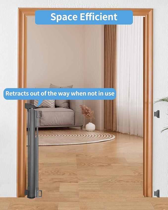 Retractable Baby Gate for Stairs – 33” Height, Expands up to 71” Width – Safety Gate for Infants, Toddlers, Dogs & Pets – Easy Install, Secure Closure, Gray Mesh Design for Indoor & Outdoor Use