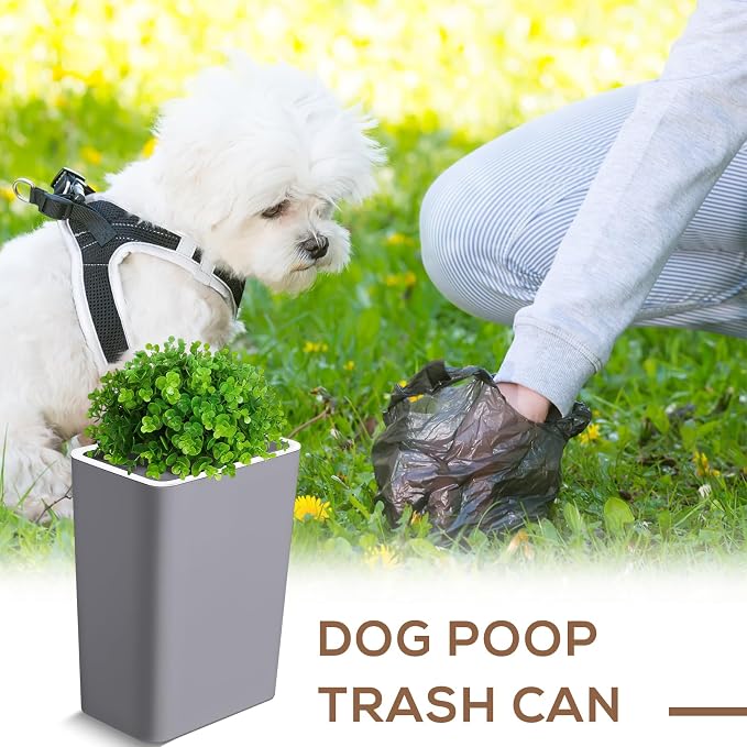Jingmore Dog Poop Trash Can Outside 3.96 Gal/15 L Plant Styled Dog Waste Trash Can with Lid 50 Waste Bags Outdoor Indoor Poop Container Slim Garbage Bin for Yard Garden Pet (Gray)