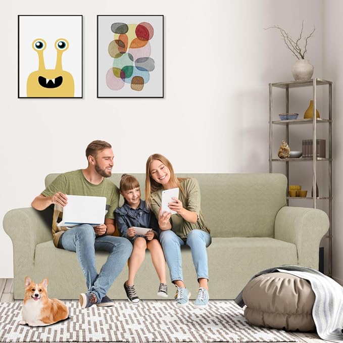 MAXIJIN Stretch Oversized Couch Covers for 3 Cushion Couch (91"-110"), 1-Piece Large Sofa Cover Slipcover Furniture Protector for Kids,Dogs (Extra Large, Diamond Pattern Khaki)