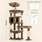 Globlazer Large Perch Leopard Cat Tree, 65in Sturdy Cat Scratching Tree for Indoor Cats Large Adult, Big Cat Tower with 3 Padded Perches, 6 Scratching Posts, Cat Condo, Hammock, S65, Leopard Print