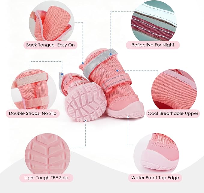 Breathable Hot Pavement Dog Shoes for Small & Medium Dogs(Pink, 4# | Adjustable Double Strap and Non-Slip Dog Boots Paw Protectors for Walking Running Hiking, Soft Comfortable Safe Easy to Wear