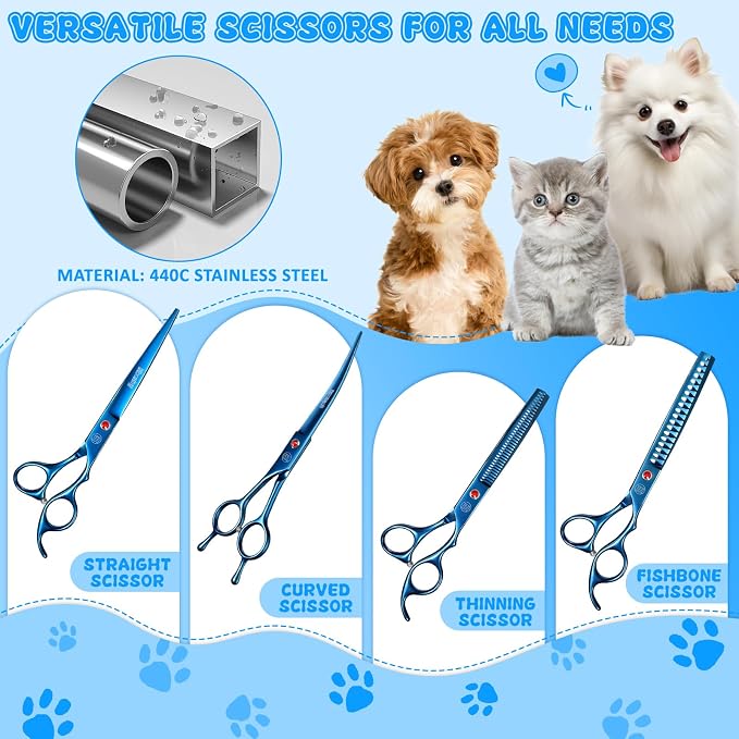 Professional Dog Grooming Scissors Set, 7 Inch/8 Inch Pet Grooming Scissors Chunkers Shears for Dog, Curved Dog Grooming Scissors, Thinning Shears for Dog with Grooming Comb | Pet Grooming Chunkers Shears for Dog, Curved Dog Grooming Scissors, Thinning...