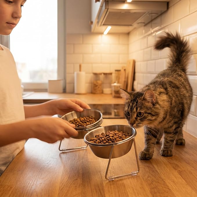 2 Set Elevated Cat Bowls 4.53'' Height Raised Stainless Steel Cat Food Bowls Anti-Slip 15° Tilted Stand Shallow Food and Water Dishes for Kitty and Small Puppy (Double Bowl)