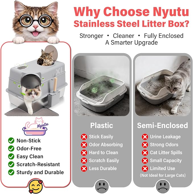 Extra Large XL Stainless Steel Litter Box with Lid, Light Grey | Front Entry Top Exit, Include Scoop and Mat, Odor-Free, Anti-Urine Leakage, Non-Sticky, Easy Cleaning